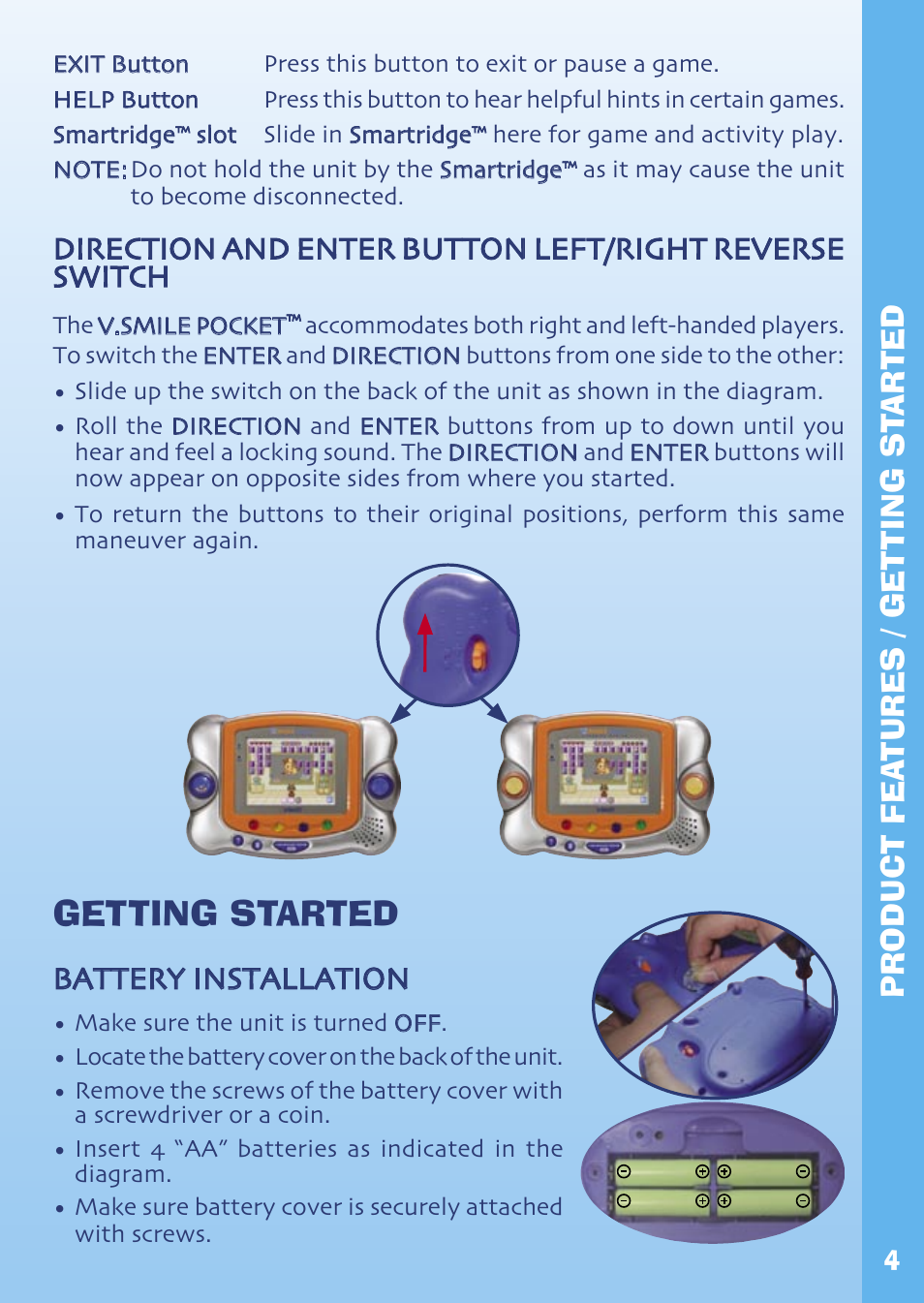 Getting started, Battery installation, Product fea tures / get ting st arted | VTech Hand-Held Video Game User Manual | Page 5 / 12