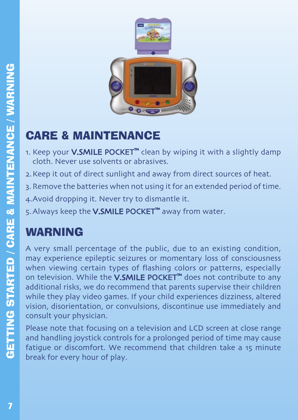 Care & maintenance, Warning, Get ting st arted / c are & maintenance / w arning | VTech Hand-Held Video Game User Manual | Page 8 / 12