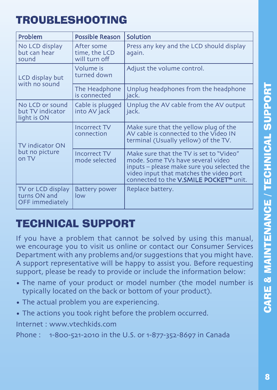 Troubleshooting, Technical support, Care & maintenance / technic al support | VTech Hand-Held Video Game User Manual | Page 9 / 12