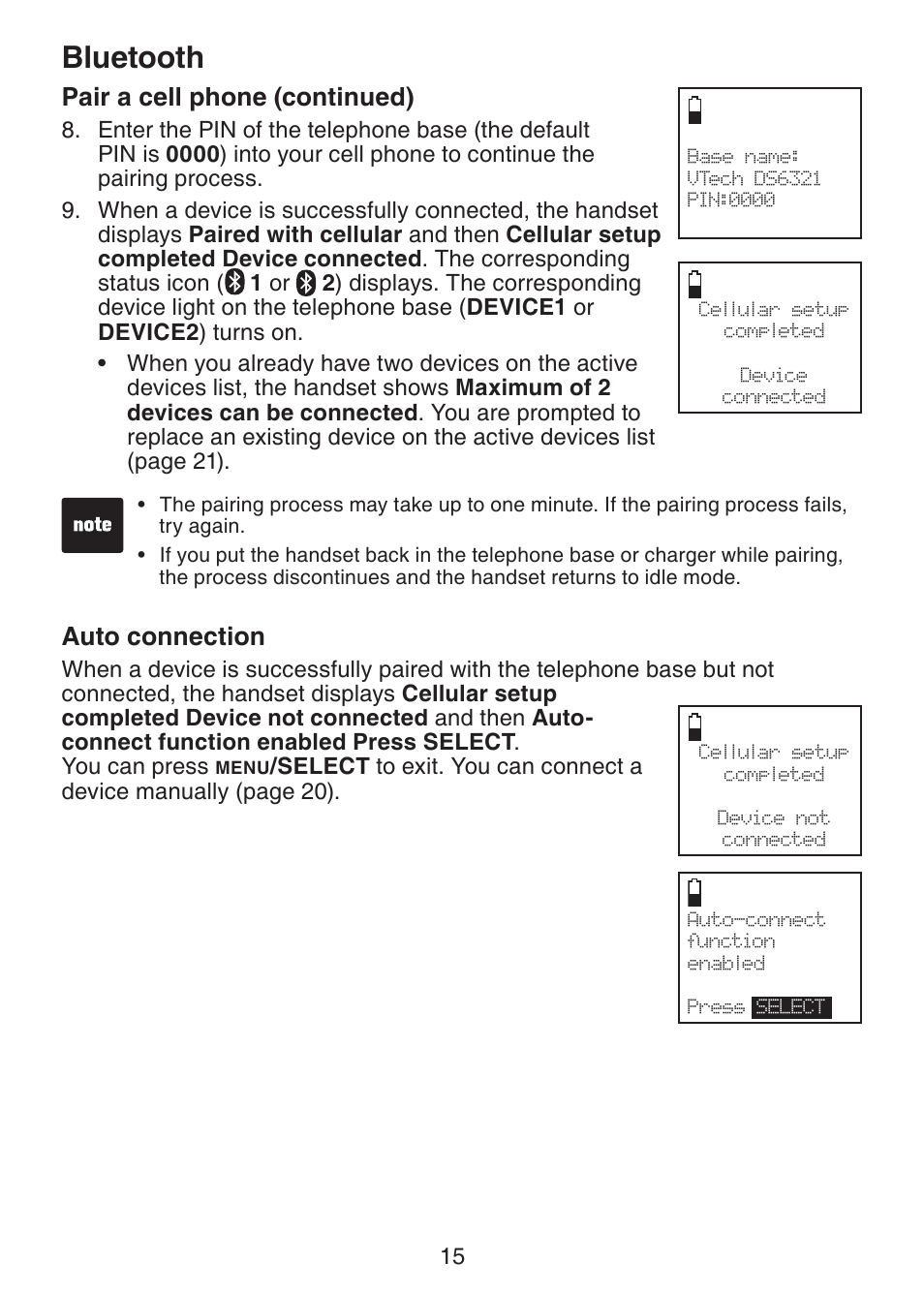 Auto connection, Bluetooth, Pair a cell phone (continued) | VTech DS6321-2 User Manual | Page 19 / 101