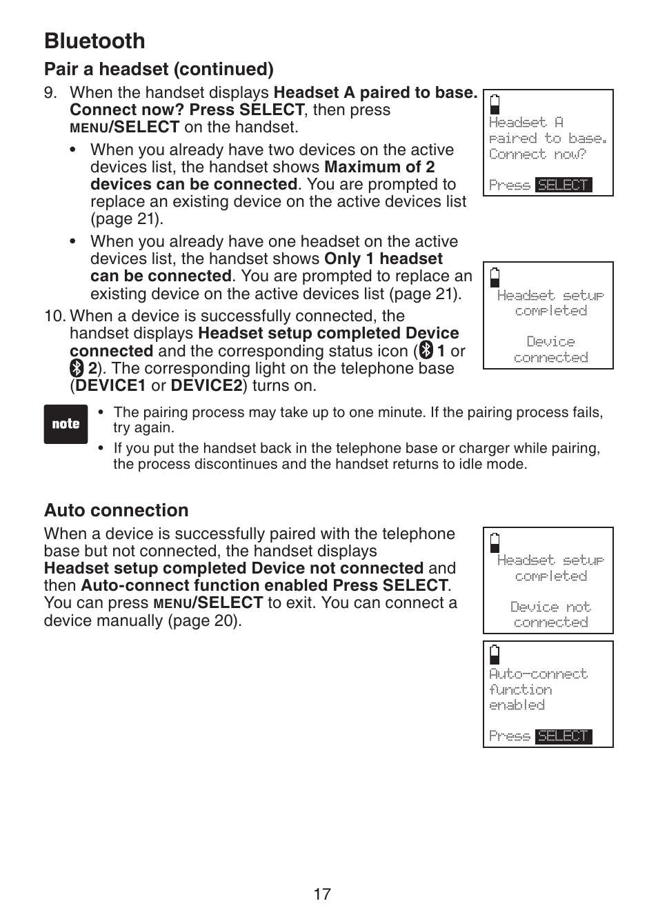 Auto connection, Bluetooth, Pair a headset (continued) | VTech DS6321-2 User Manual | Page 21 / 101