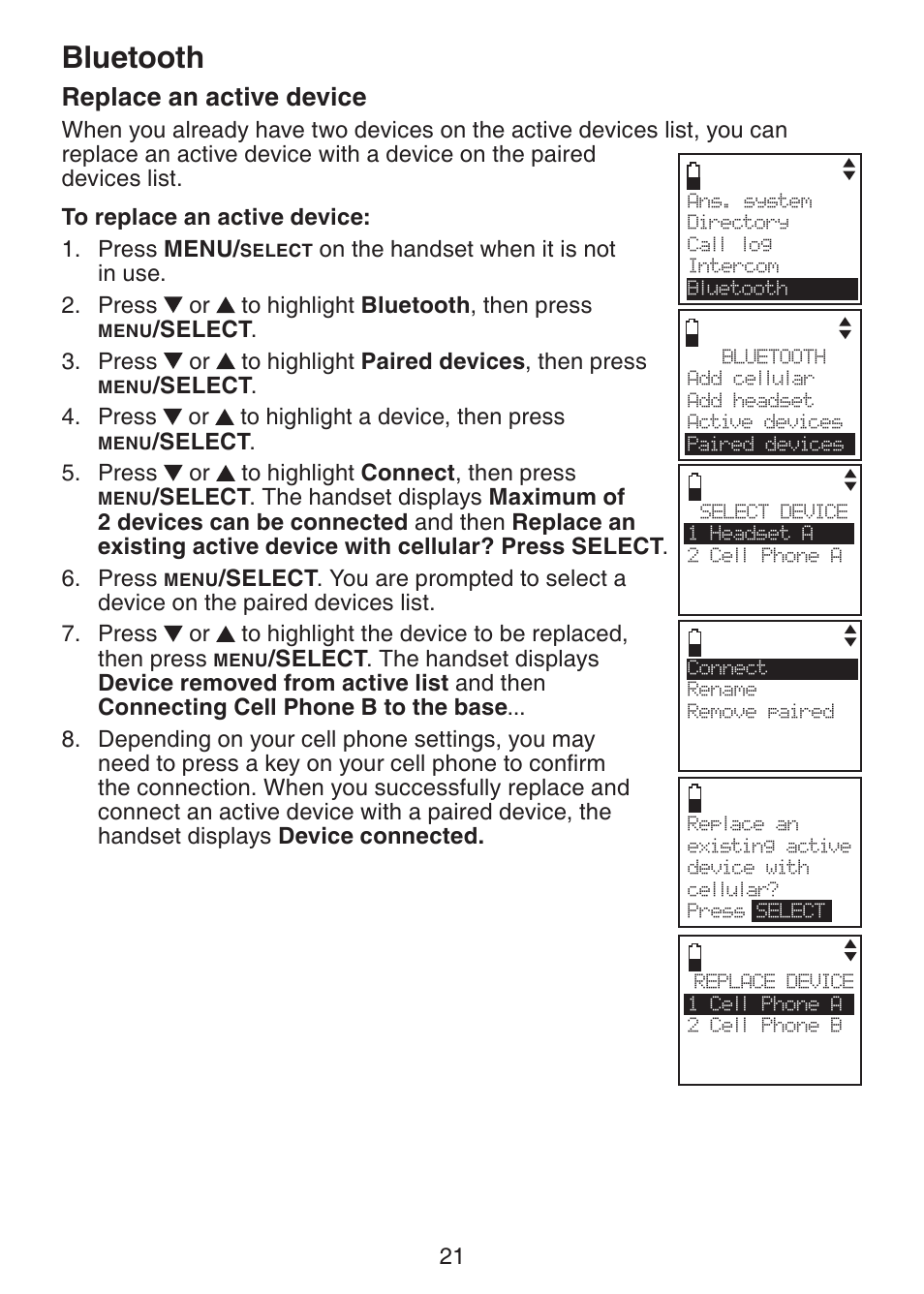 Replace an active device, Bluetooth | VTech DS6321-2 User Manual | Page 25 / 101