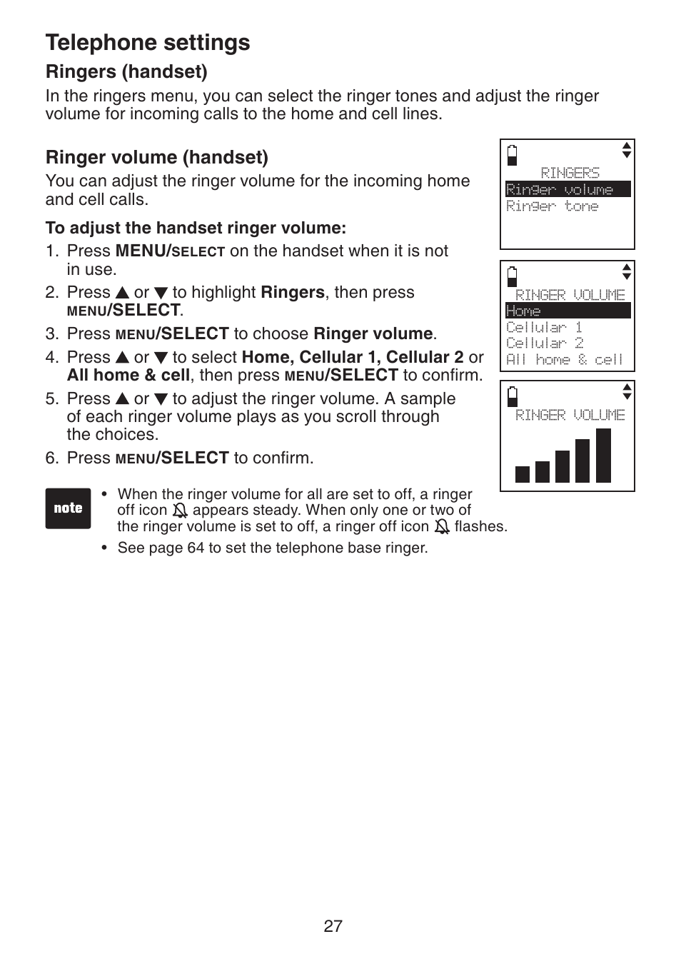 Ringers (handset), Ringer volume (handset), Telephone settings | VTech DS6321-2 User Manual | Page 31 / 101