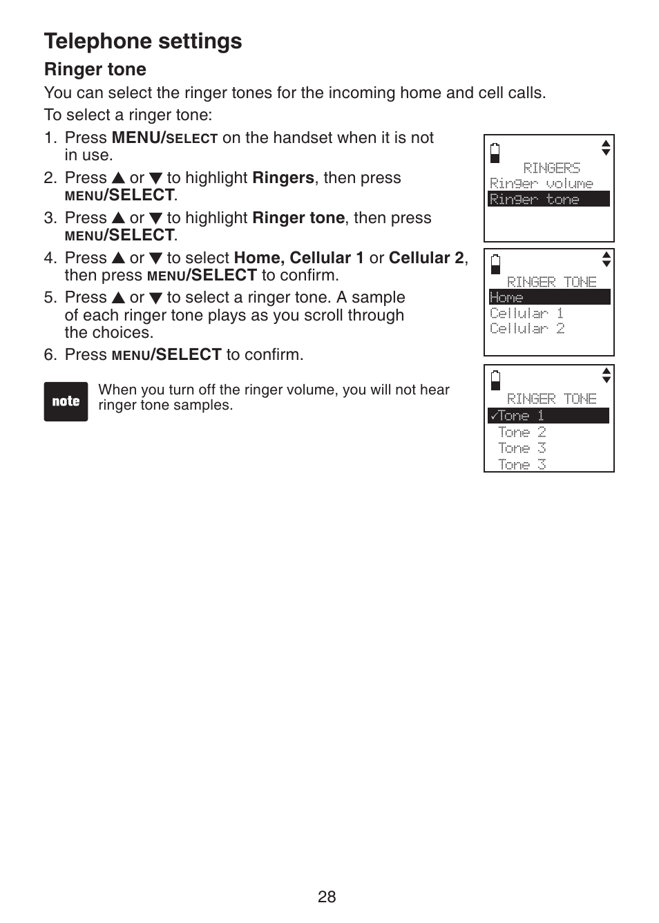 Ringer tone, Telephone settings | VTech DS6321-2 User Manual | Page 32 / 101