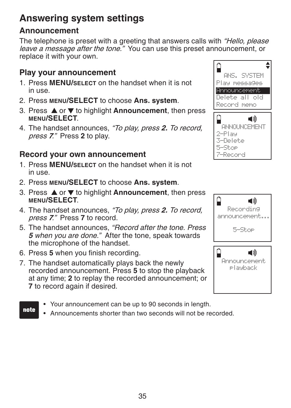 Announcement, Play your announcement, Record your own | Answering system settings, Record your own announcement | VTech DS6321-2 User Manual | Page 39 / 101