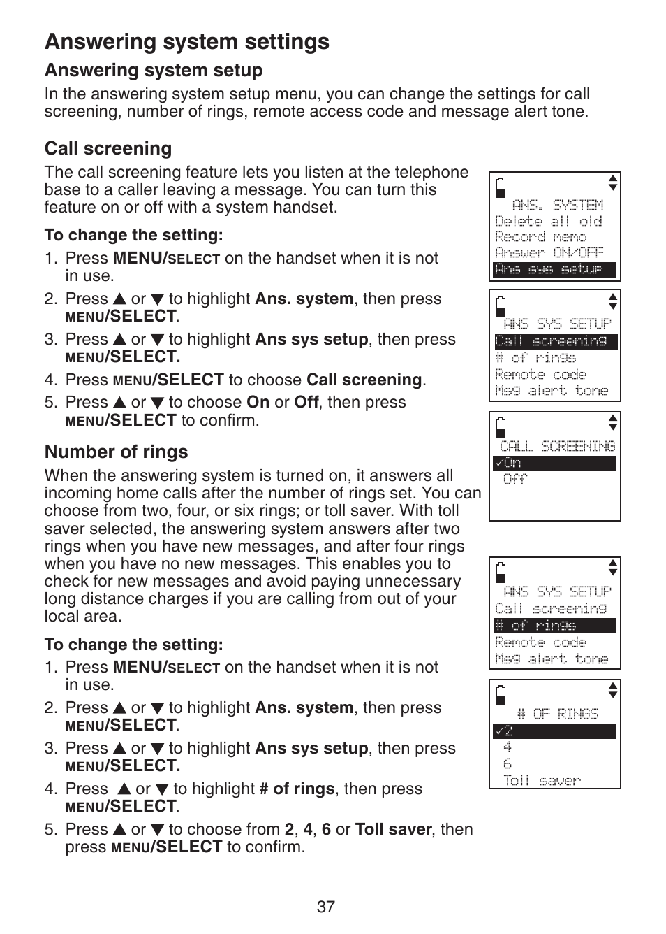 Answering system settings, Answering system setup, Call screening | Number of rings | VTech DS6321-2 User Manual | Page 41 / 101