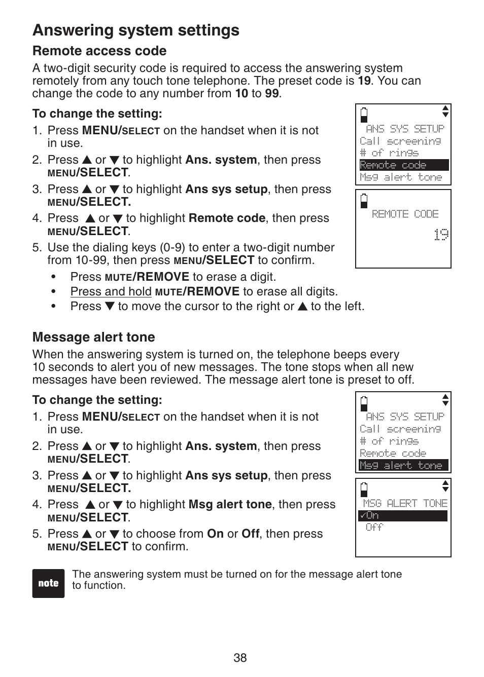 Remote access code, Message alert tone, Answering system settings | VTech DS6321-2 User Manual | Page 42 / 101