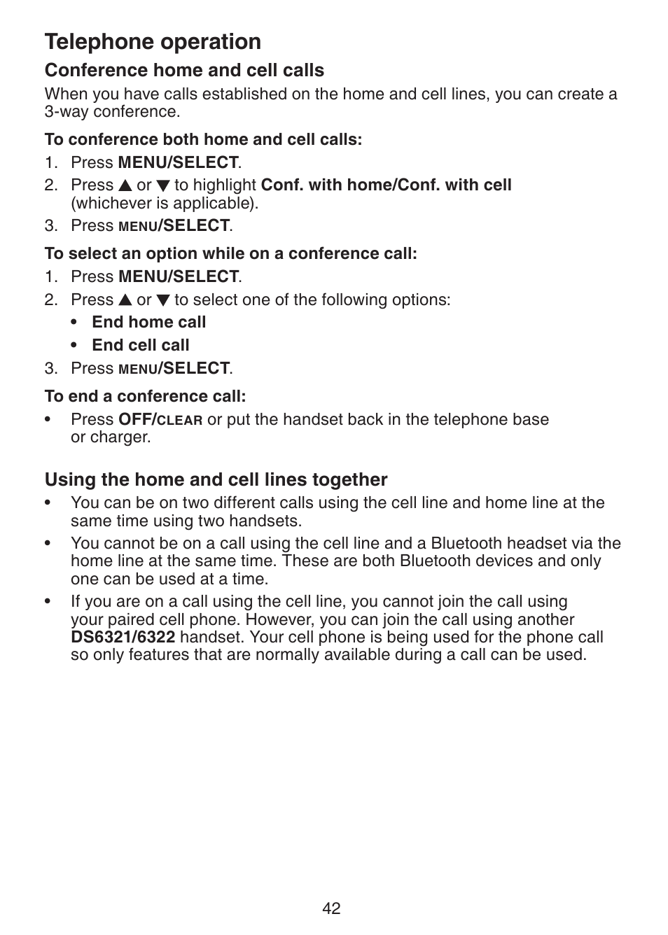 Conference home and, Cell calls, Using the home and cell lines | Together, Telephone operation | VTech DS6321-2 User Manual | Page 46 / 101
