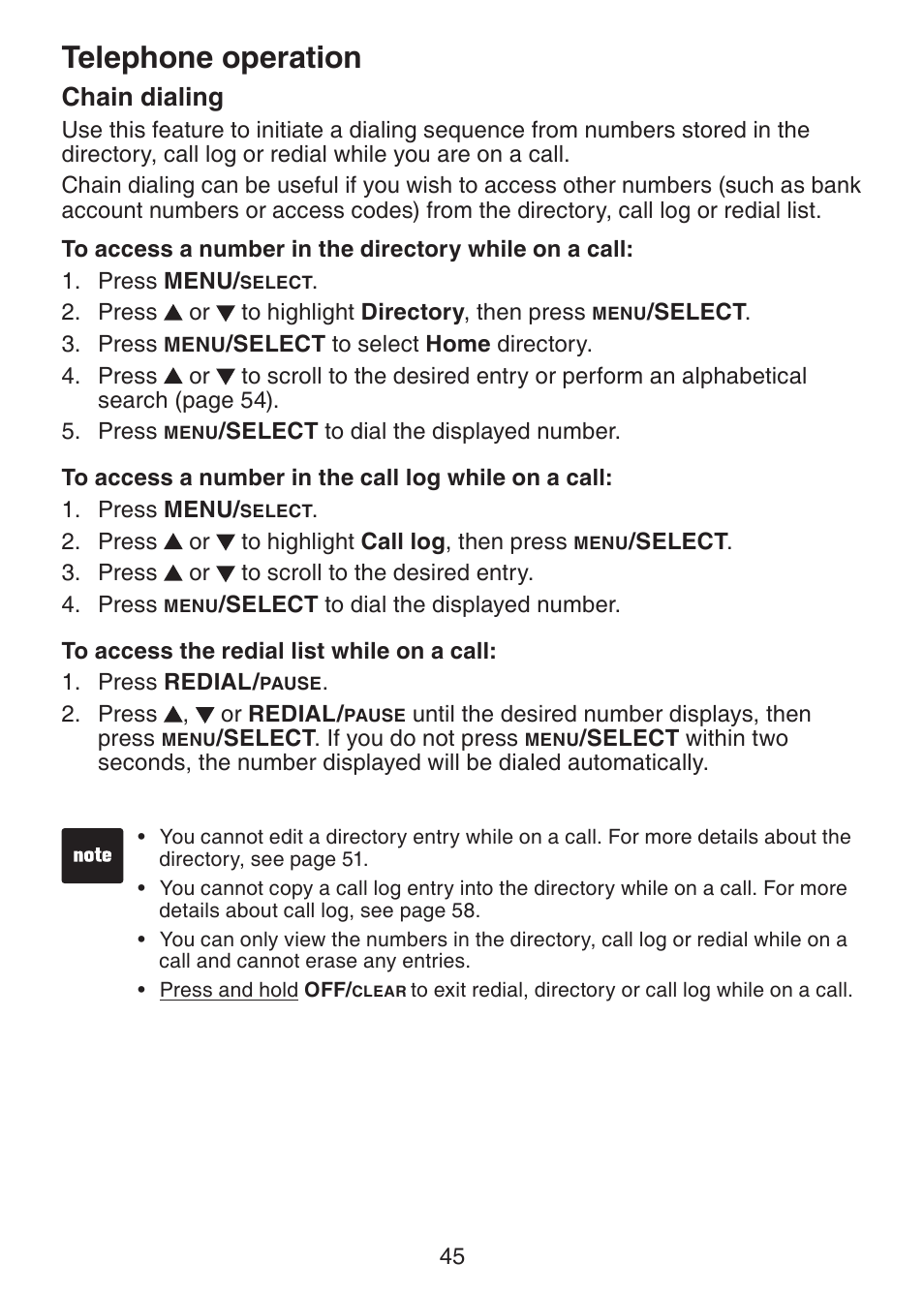 Chain dialing, Telephone operation | VTech DS6321-2 User Manual | Page 49 / 101