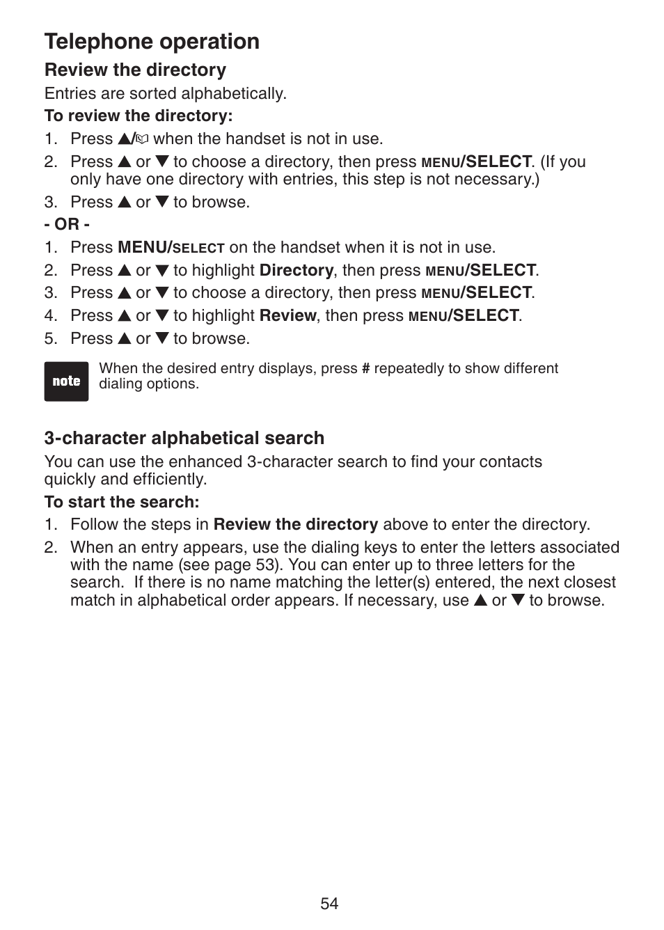 Review the directory, Character alphabetical, Search | Telephone operation | VTech DS6321-2 User Manual | Page 58 / 101