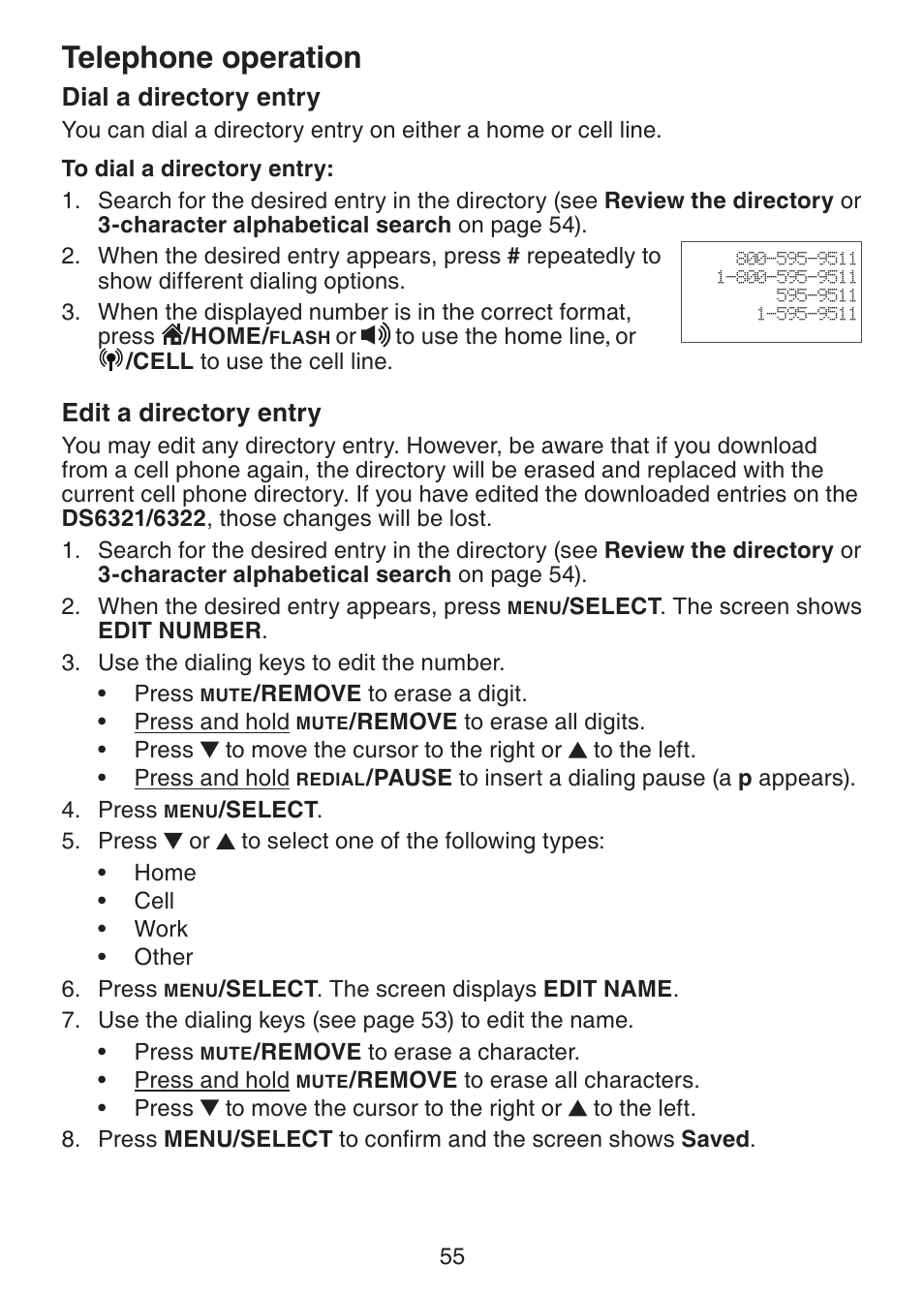 Dial a directory entry, Edit a directory entry, Telephone operation | VTech DS6321-2 User Manual | Page 59 / 101