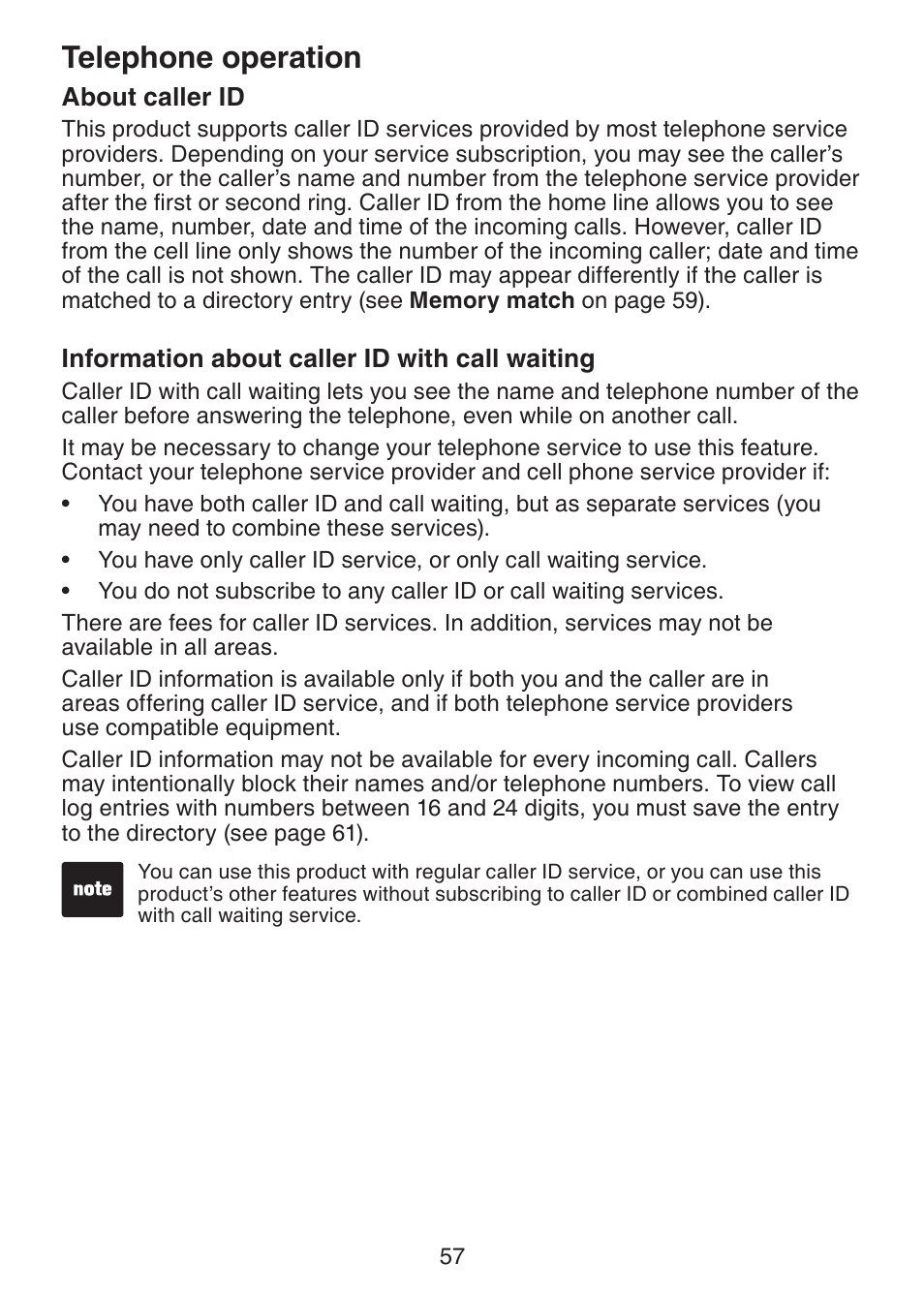 About caller id, Telephone operation | VTech DS6321-2 User Manual | Page 61 / 101