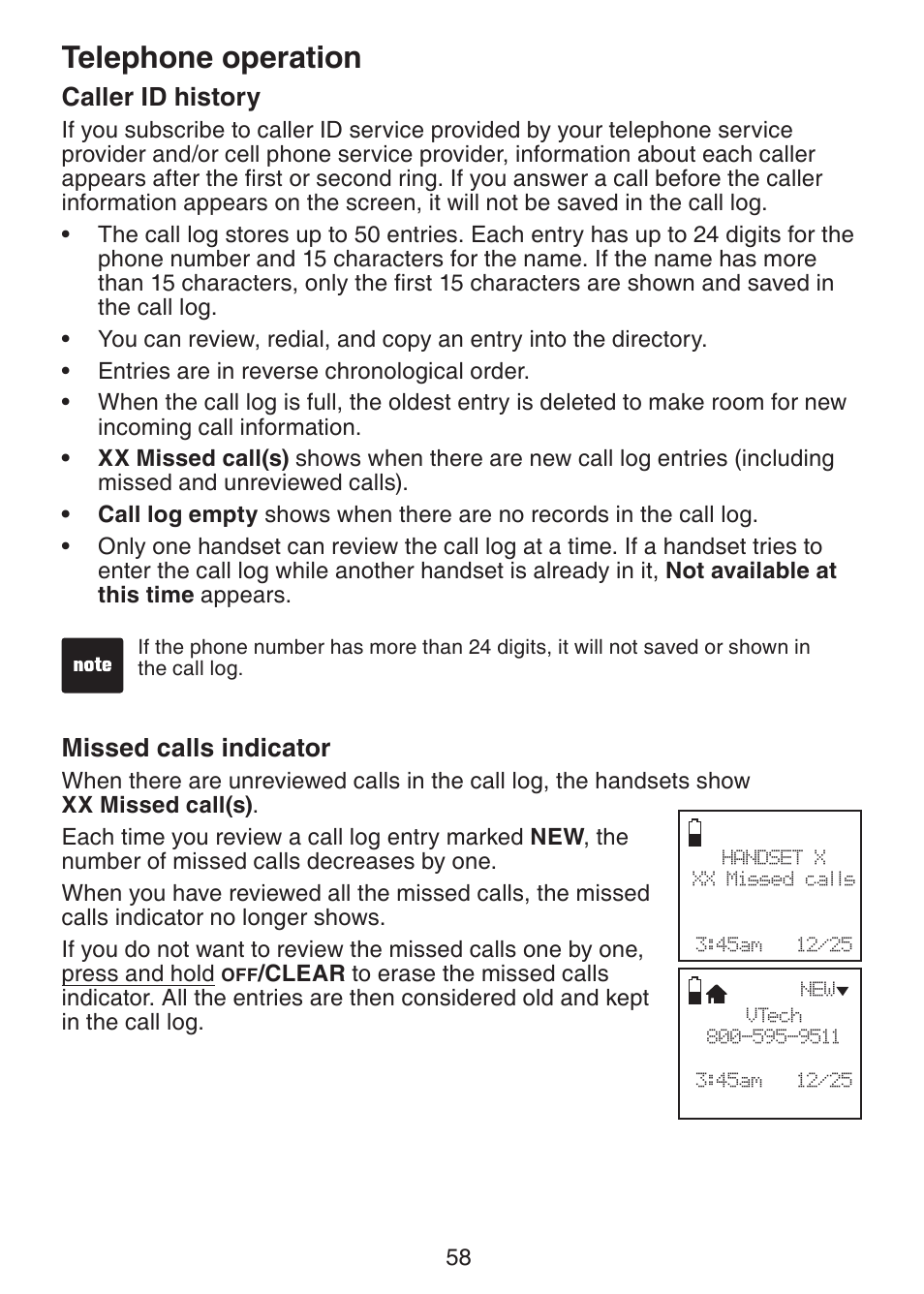 Caller id history, Missed calls indicator, Telephone operation | VTech DS6321-2 User Manual | Page 62 / 101