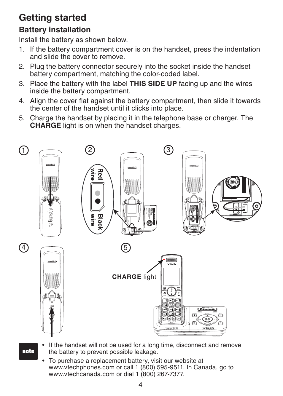 Battery installation, Getting started | VTech DS6321-2 User Manual | Page 8 / 101