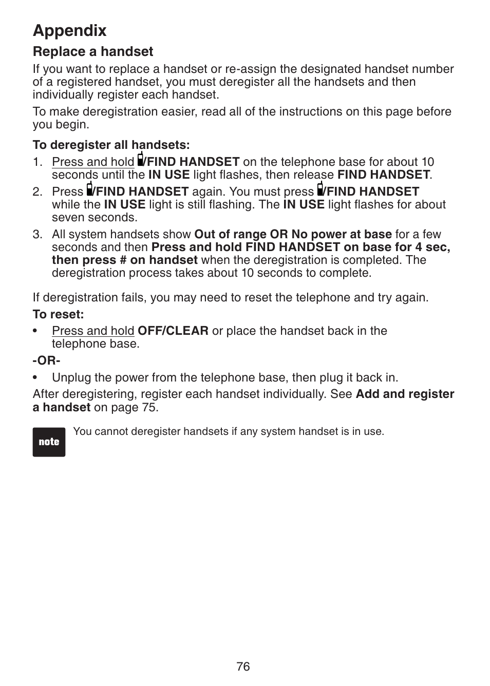 Replace a handset, Appendix | VTech DS6321-2 User Manual | Page 80 / 101