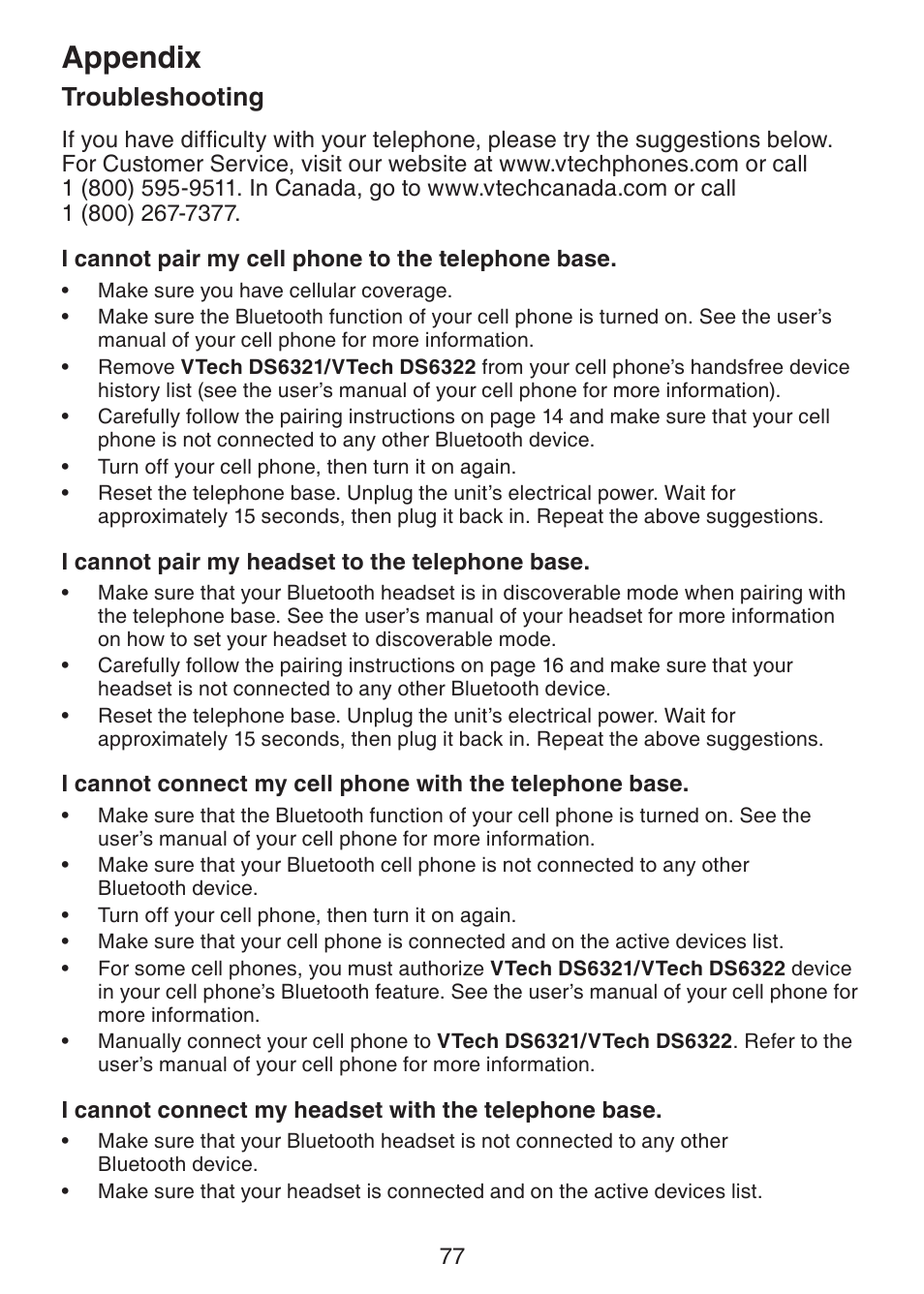 Troubleshooting, Appendix | VTech DS6321-2 User Manual | Page 81 / 101