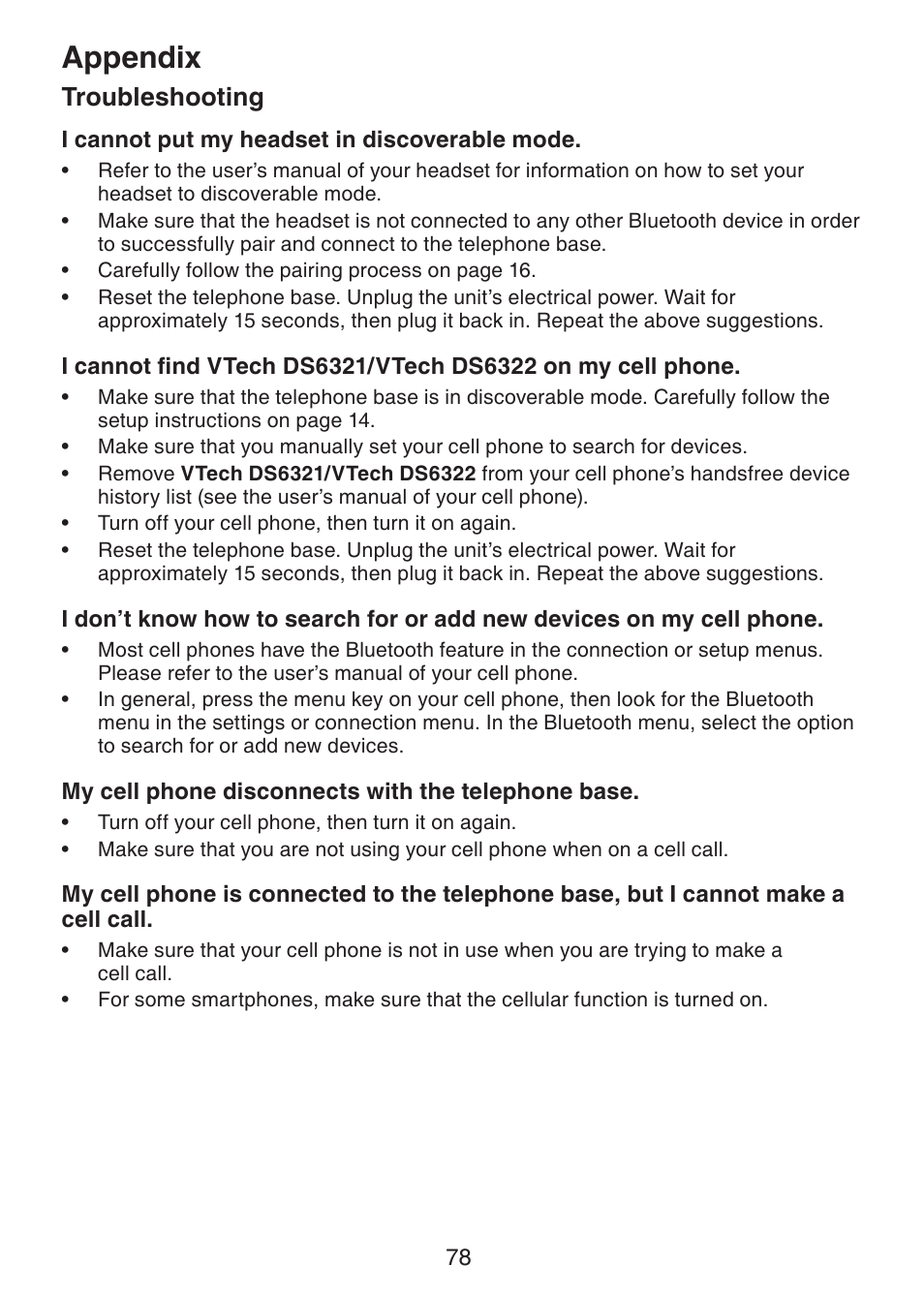 Appendix, Troubleshooting | VTech DS6321-2 User Manual | Page 82 / 101