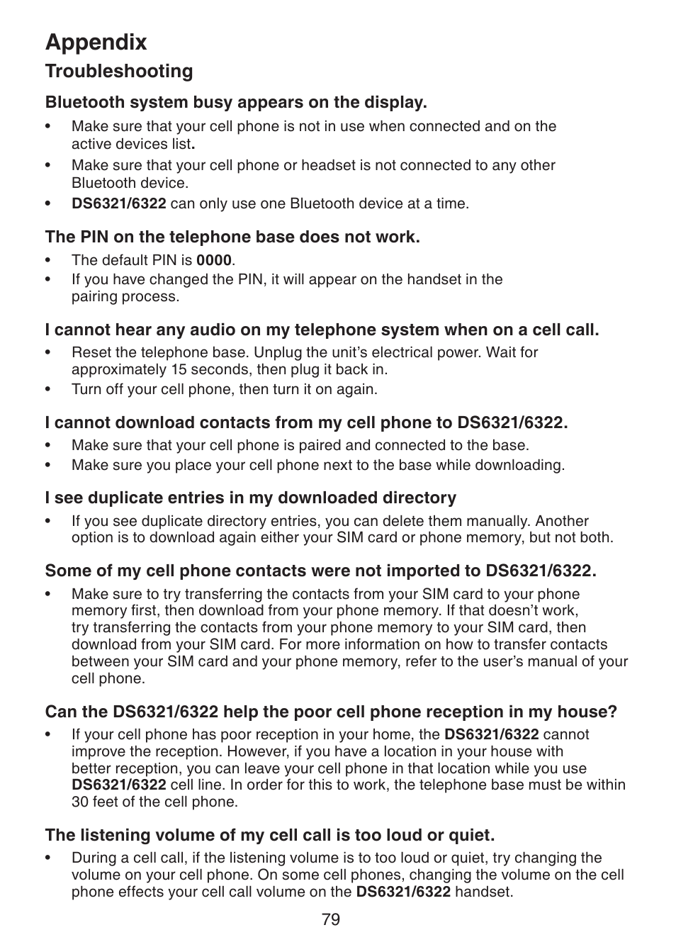 Appendix, Troubleshooting | VTech DS6321-2 User Manual | Page 83 / 101