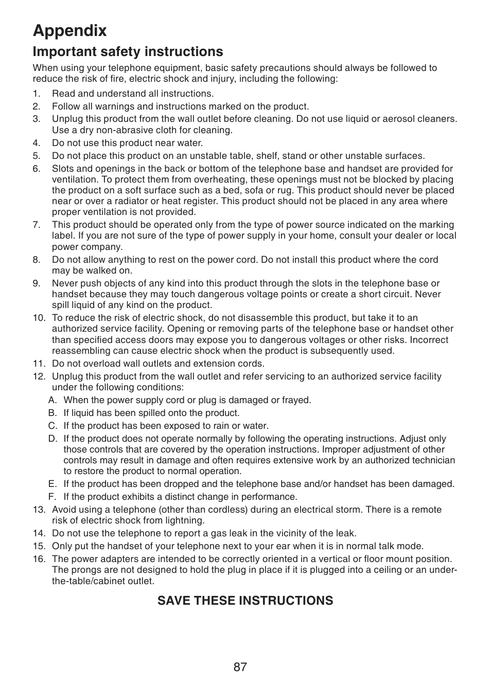 Important safety instructions, Appendix, Save these instructions | VTech DS6321-2 User Manual | Page 91 / 101