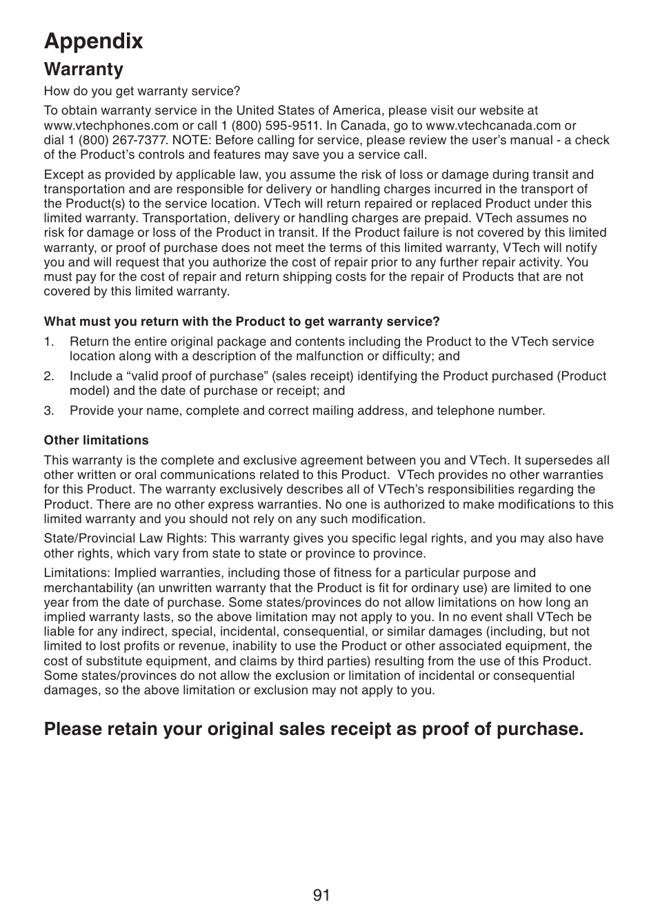 Appendix, Warranty | VTech DS6321-2 User Manual | Page 95 / 101