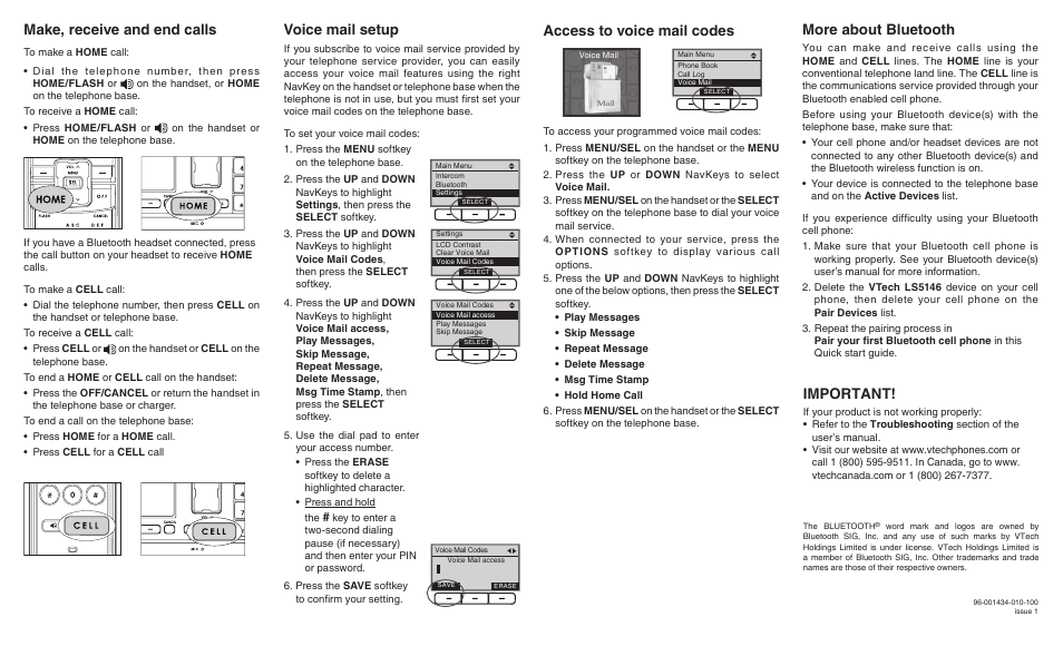 Important, Make, receive and end calls, More about bluetooth | Voice mail setup, Access to voice mail codes | VTech LS5146 User Manual | Page 2 / 2