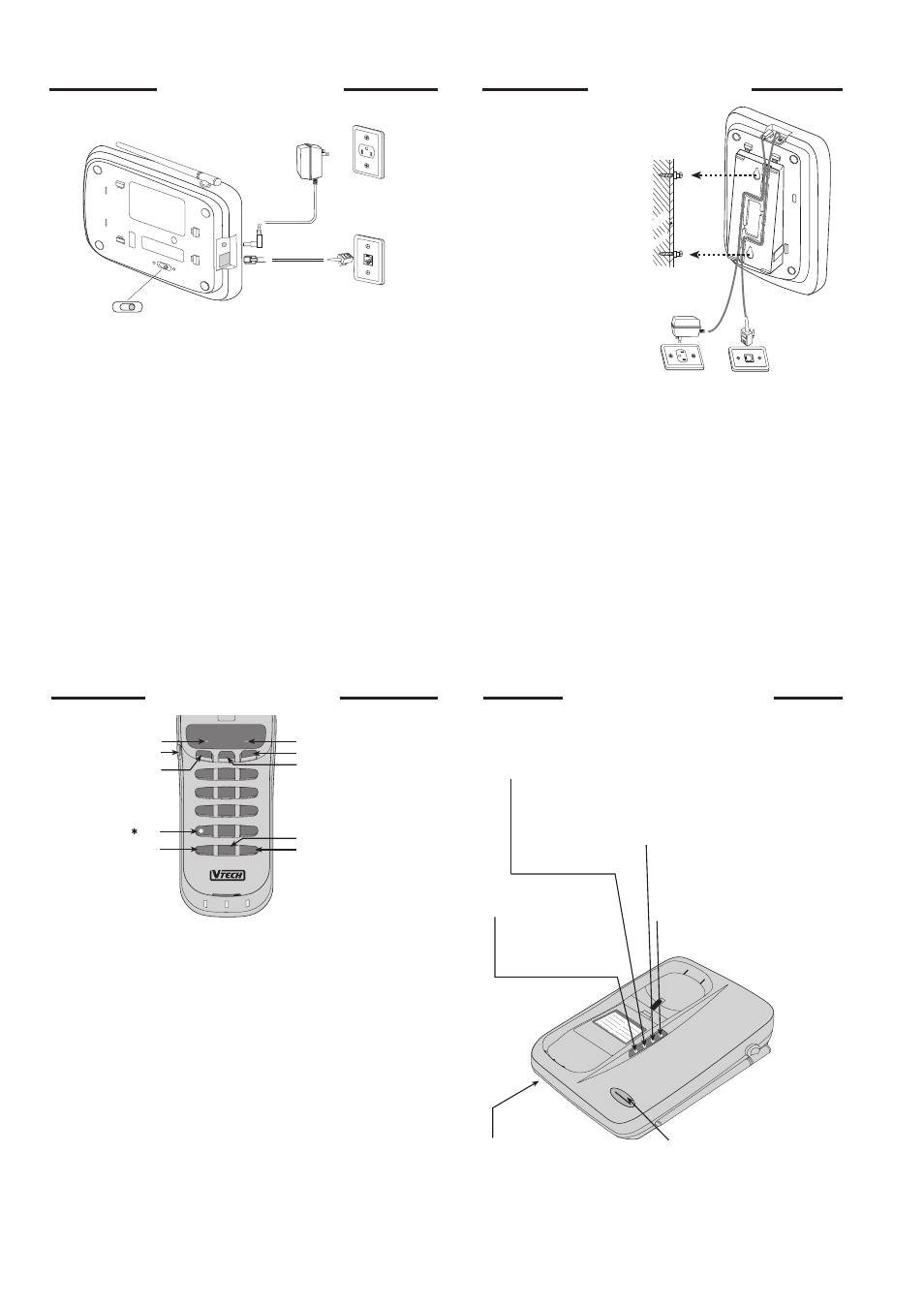 Getting started, Setting up your vtech 910 adl, Connect the telephone line cord | Set the tone/pulse switch on the base unit, Charge the handset batteries before use, Check for a dial tone, Wall mounting, Position the wall mount adapter on the base, Mount the base on the wall, Connect the telephone cord | VTech ADL 915 User Manual | Page 2 / 4