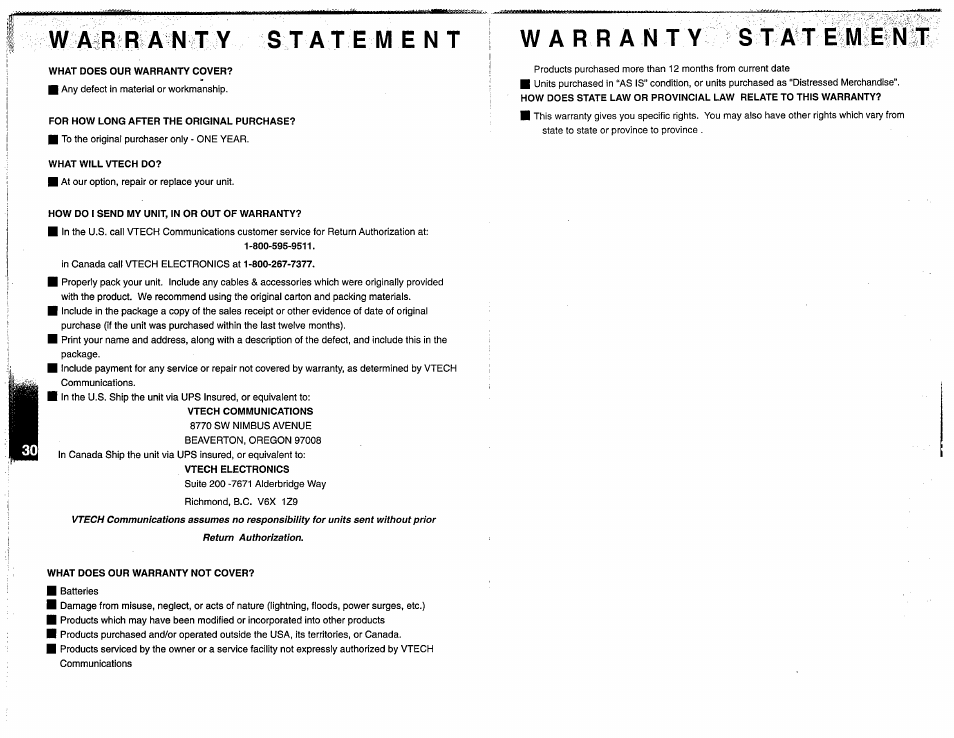 What does our warranty cover, For how long after the original purchase, What will vtech do | How do i send my unit, in or out of warranty, What does our warranty not cover | VTech 917ADX User Manual | Page 17 / 19