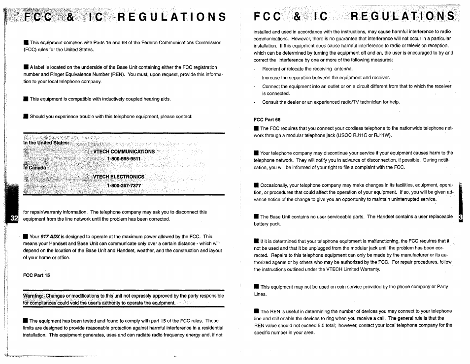 Fcc & ic regulations, Fcc & 1c regulations | VTech 917ADX User Manual | Page 18 / 19