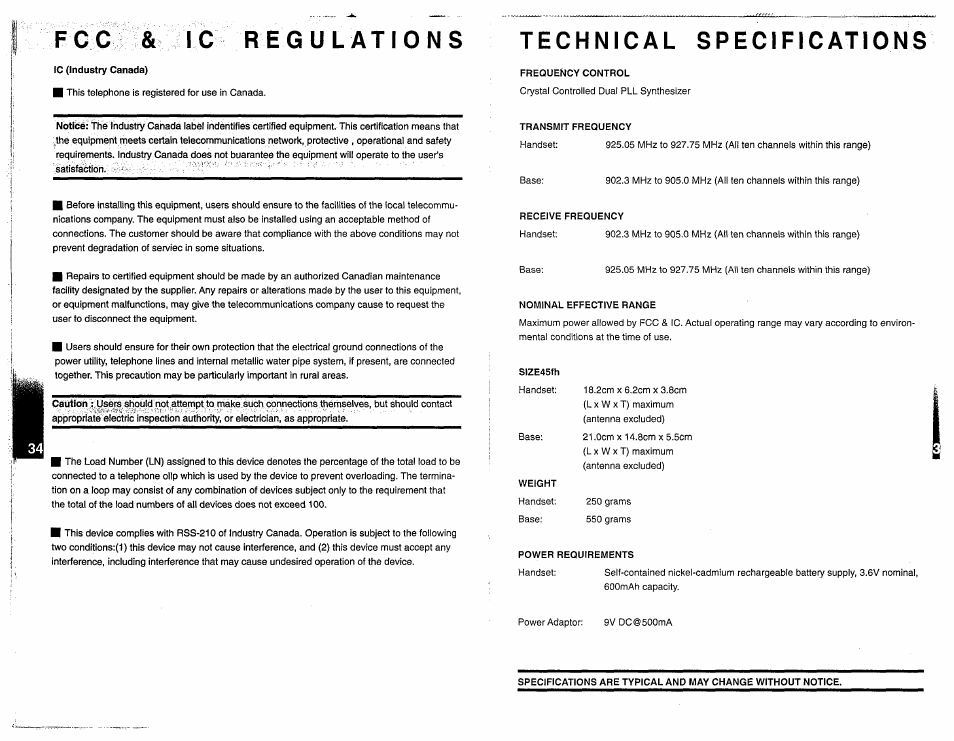 F g c regulations, Technical specifications | VTech 917ADX User Manual | Page 19 / 19