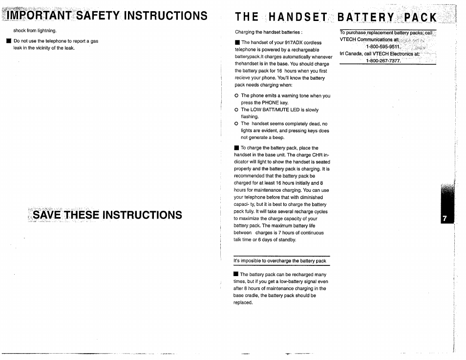 Imbort^ntïsâfety instructions, The handset battery pack, Save these instructions | VTech 917ADX User Manual | Page 5 / 19