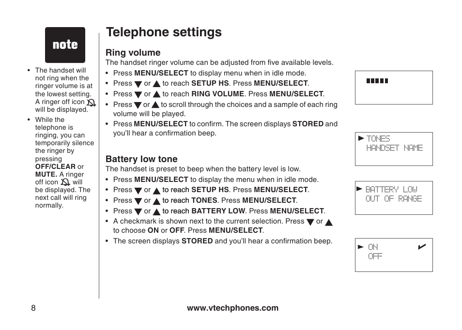 Telephone settings | VTech LS6113-WT User Manual | Page 11 / 50