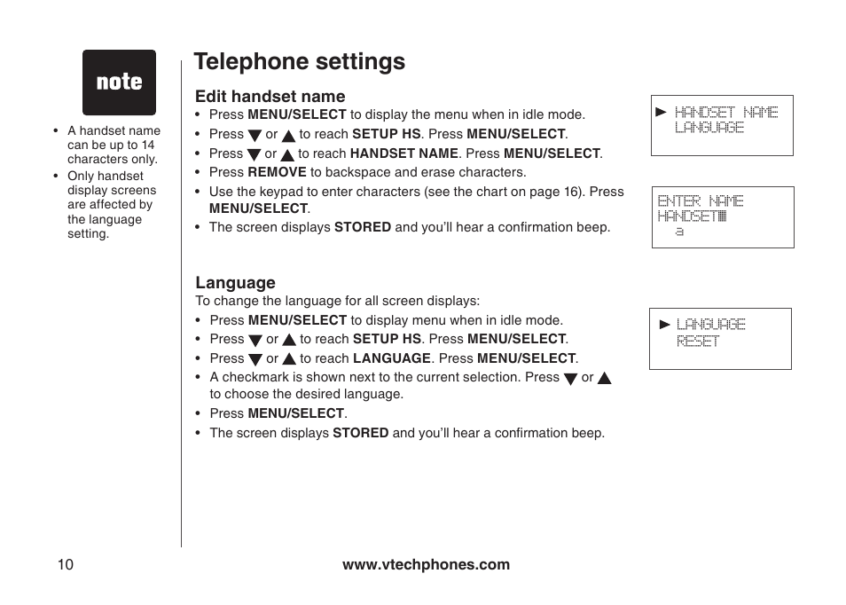 Telephone settings | VTech LS6113-WT User Manual | Page 13 / 50