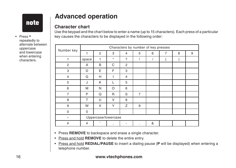Advanced operation, Character chart | VTech LS6113-WT User Manual | Page 19 / 50