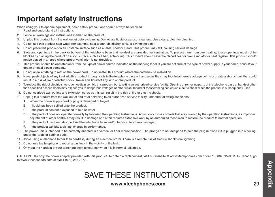 Important safety instructions, Save these instructions, Appendix | VTech LS6113-WT User Manual | Page 32 / 50