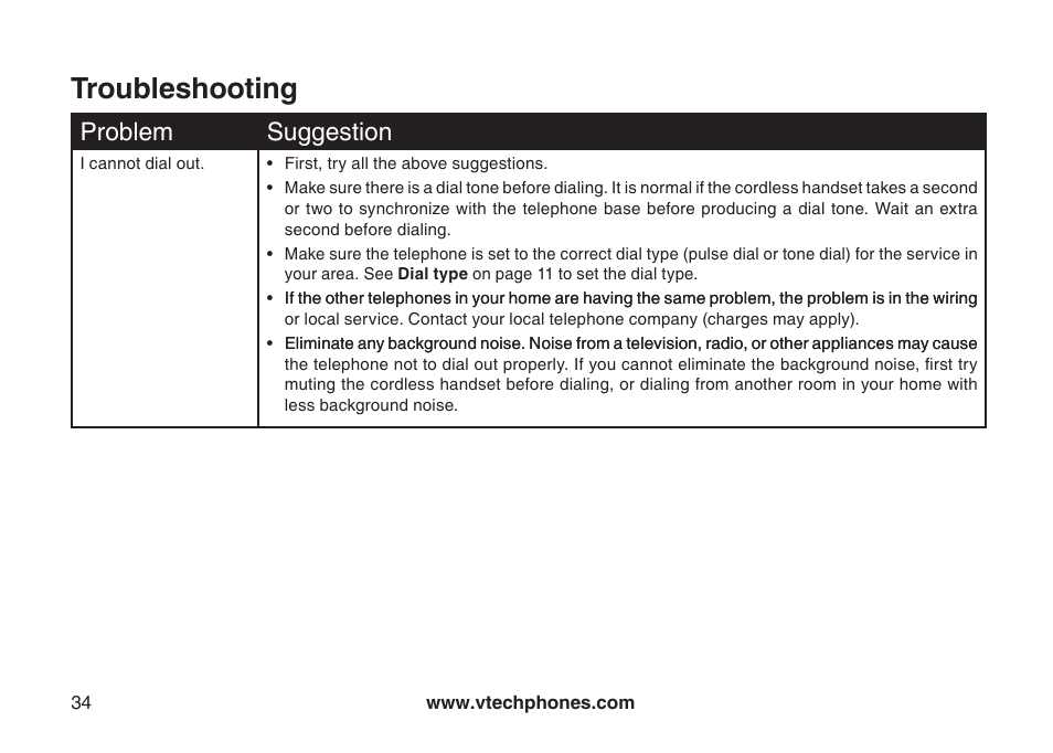 Troubleshooting, Problem suggeston | VTech LS6113-WT User Manual | Page 37 / 50