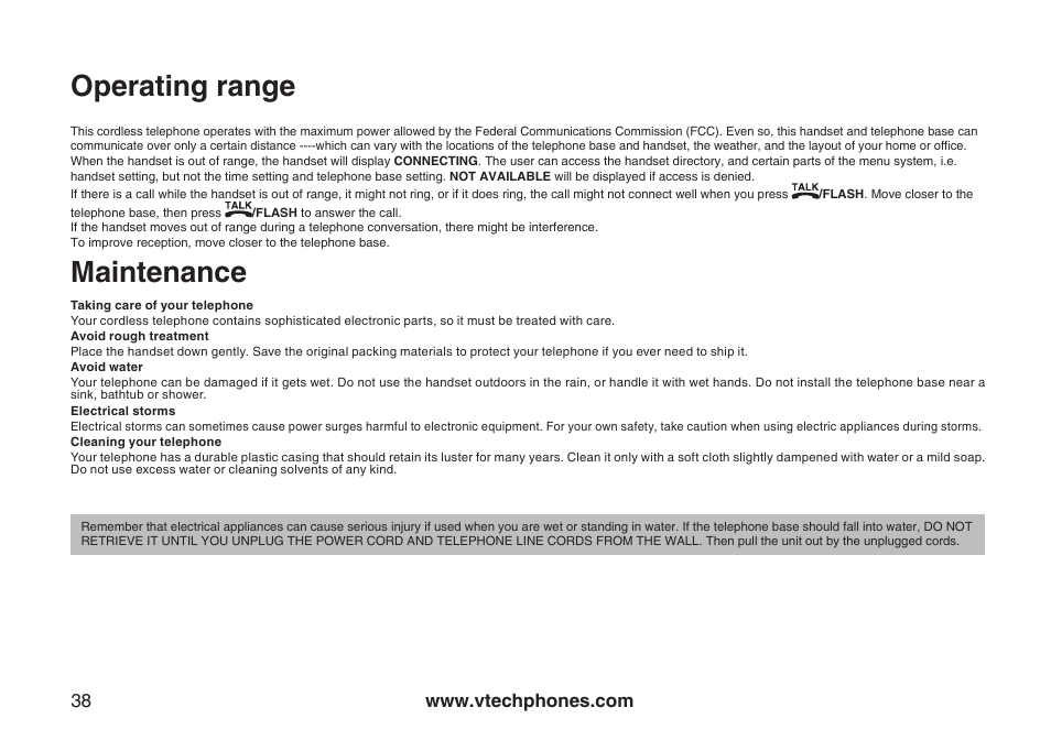 Operating range, Maintenance | VTech LS6113-WT User Manual | Page 41 / 50