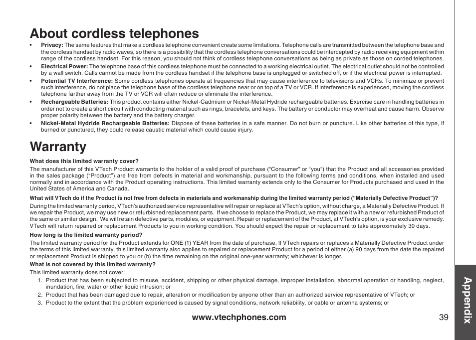 About cordless telephones, Warranty, Appendix | VTech LS6113-WT User Manual | Page 42 / 50