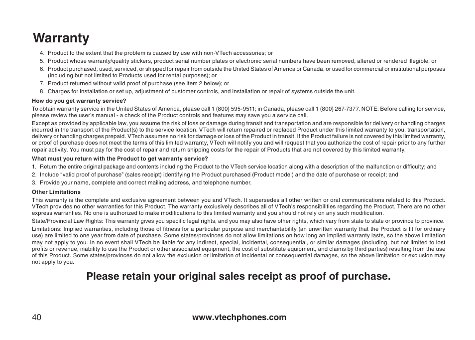Warranty | VTech LS6113-WT User Manual | Page 43 / 50