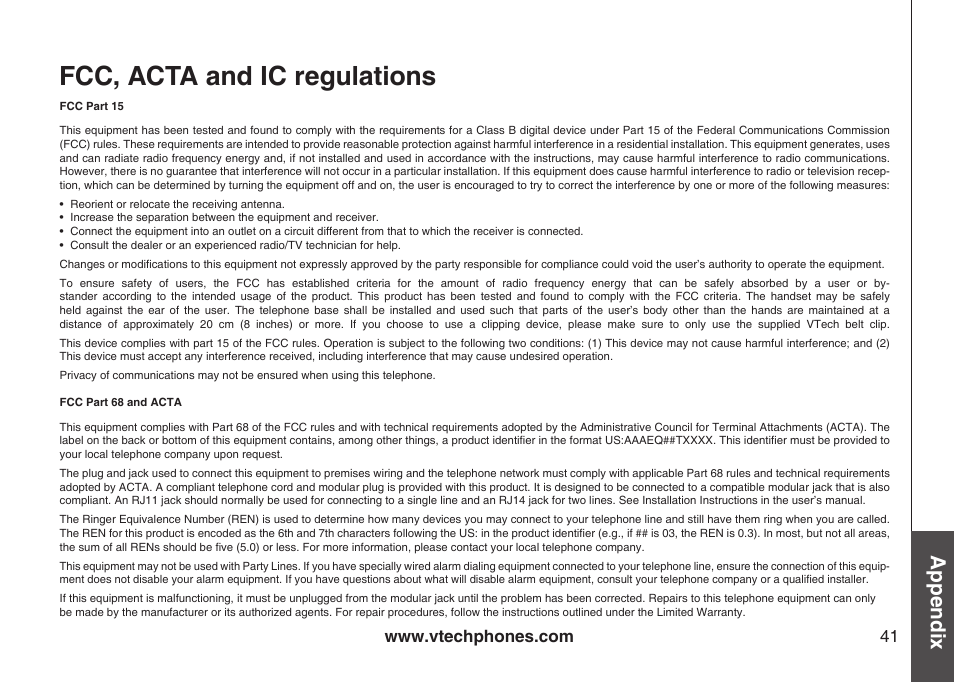 Fcc, acta and ic regulations, Appendix | VTech LS6113-WT User Manual | Page 44 / 50