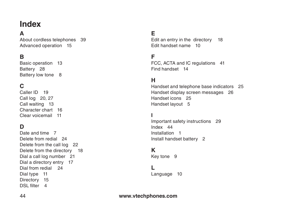 Index | VTech LS6113-WT User Manual | Page 47 / 50