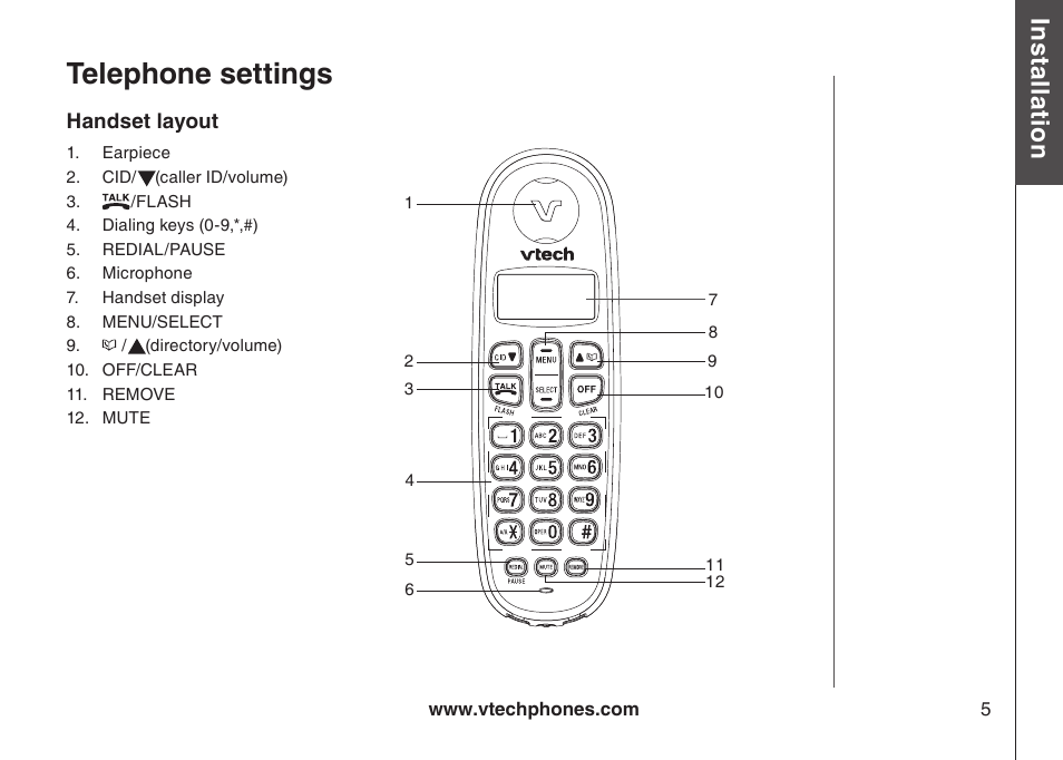Telephone settings | VTech LS6113-WT User Manual | Page 8 / 50