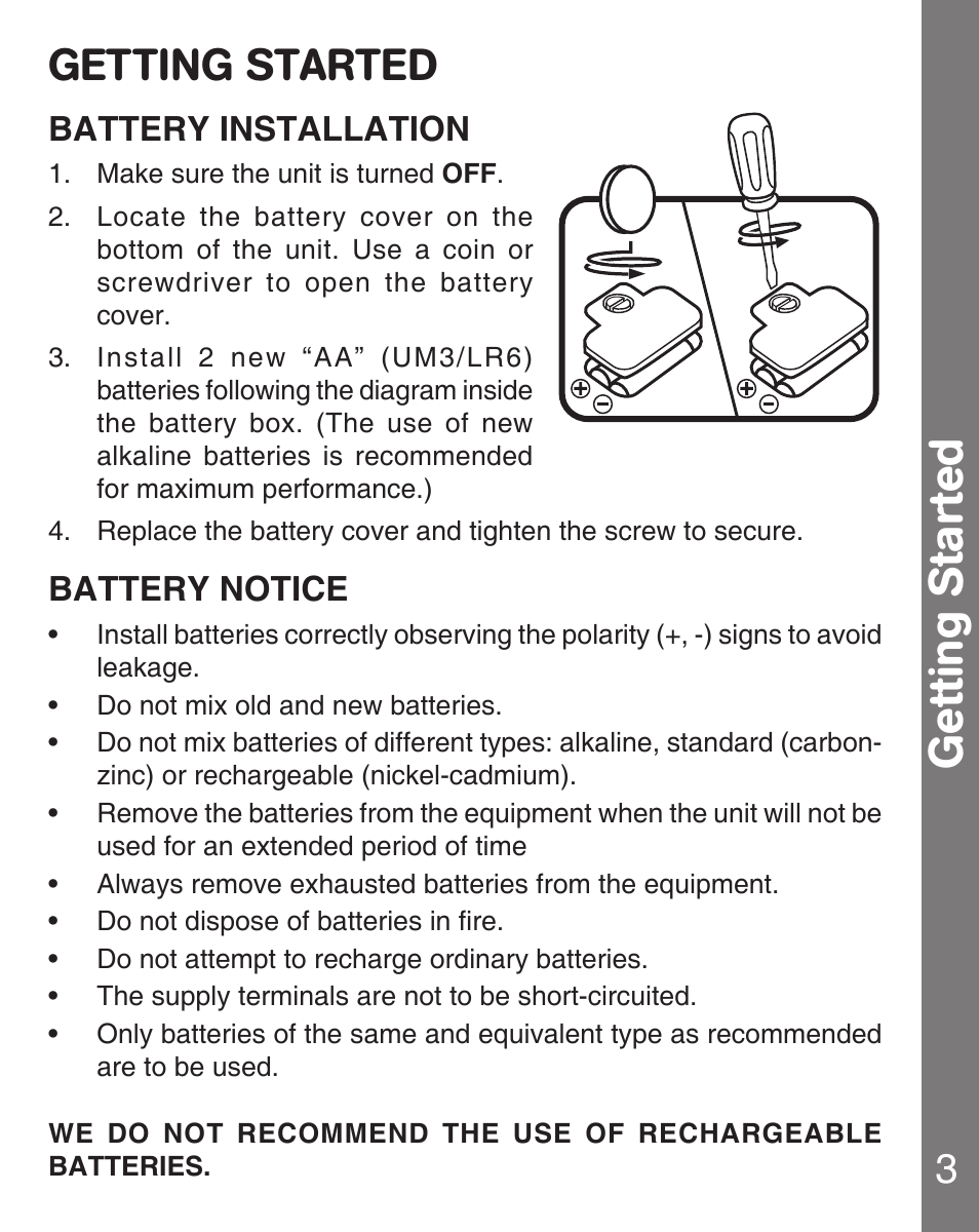 Getting started, Battery installation, Battery notice | VTech Letter Engine User Manual | Page 4 / 9