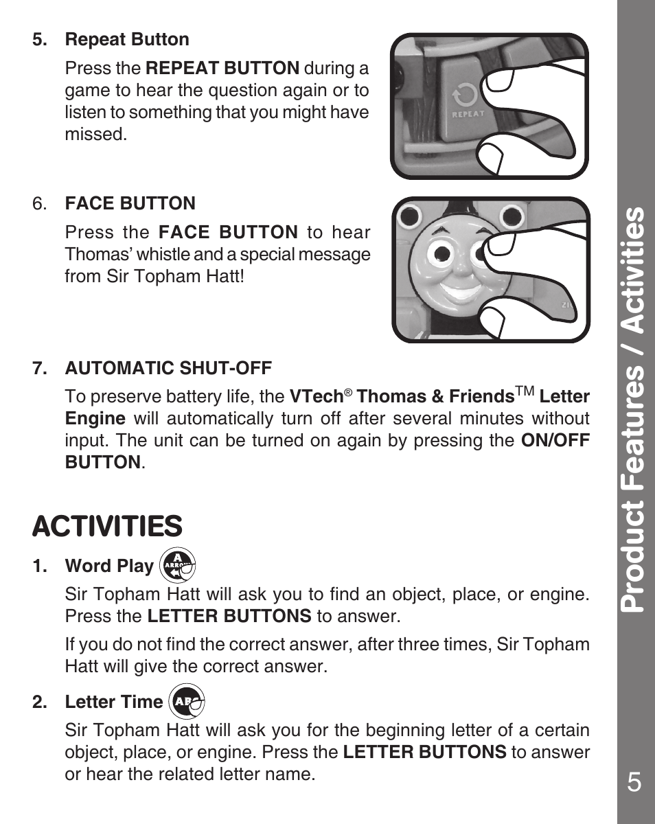 Product features / activities, Activities | VTech Letter Engine User Manual | Page 6 / 9