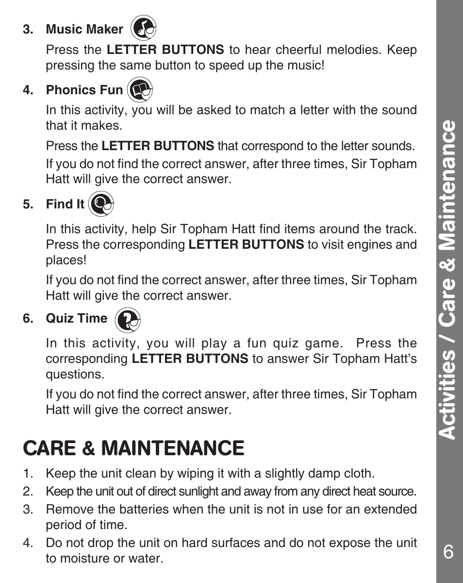 Activities / care & maintenance, Care & maintenance | VTech Letter Engine User Manual | Page 7 / 9