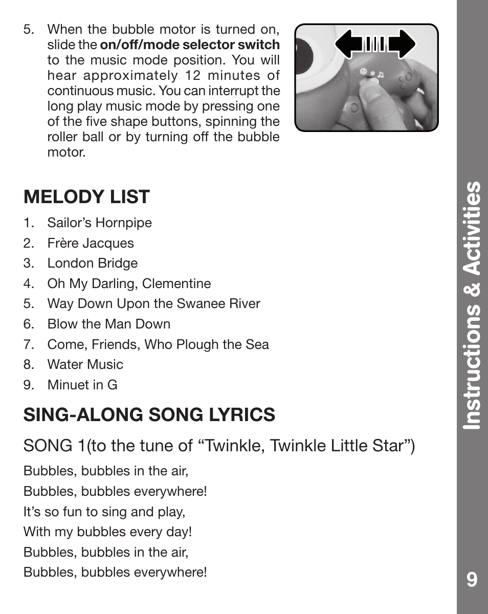 Instructions & activities, Melody list, Sing-along song lyrics | VTech MUSICAL BUBBLES OCTOPUS 91-002470-007 User Manual | Page 10 / 13