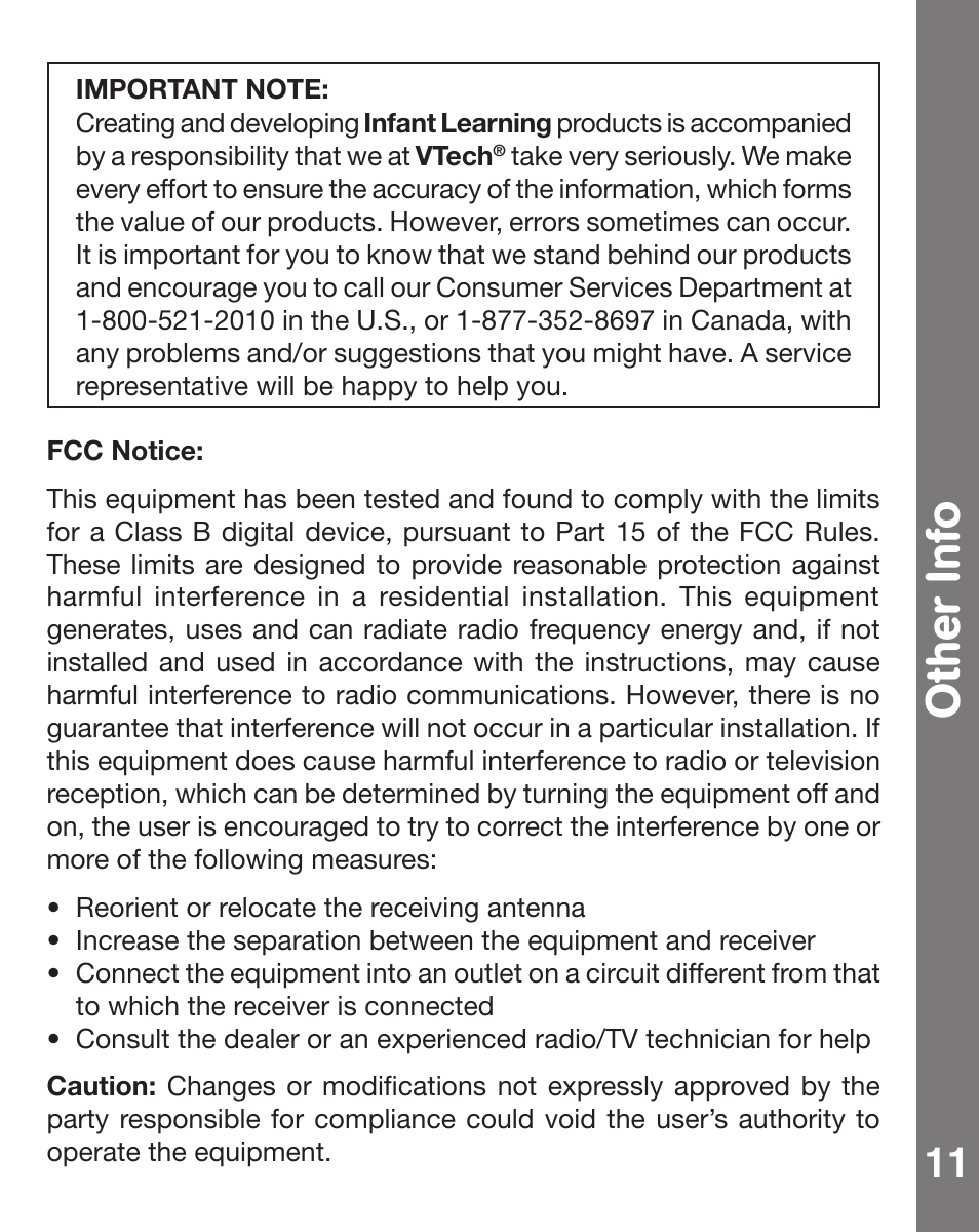 Oth er info | VTech MUSICAL BUBBLES OCTOPUS 91-002470-007 User Manual | Page 12 / 13