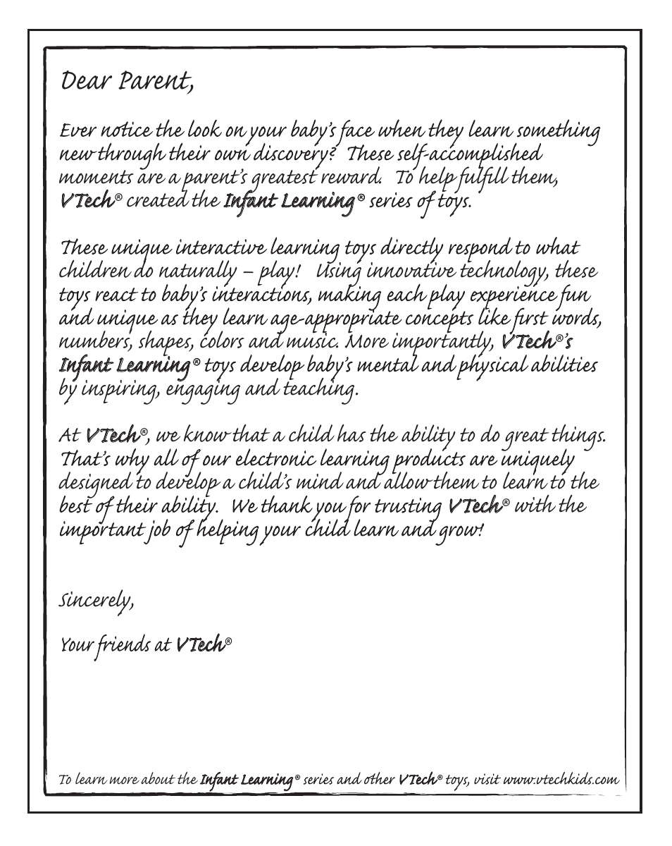 Dear parent | VTech MUSICAL BUBBLES OCTOPUS 91-002470-007 User Manual | Page 2 / 13