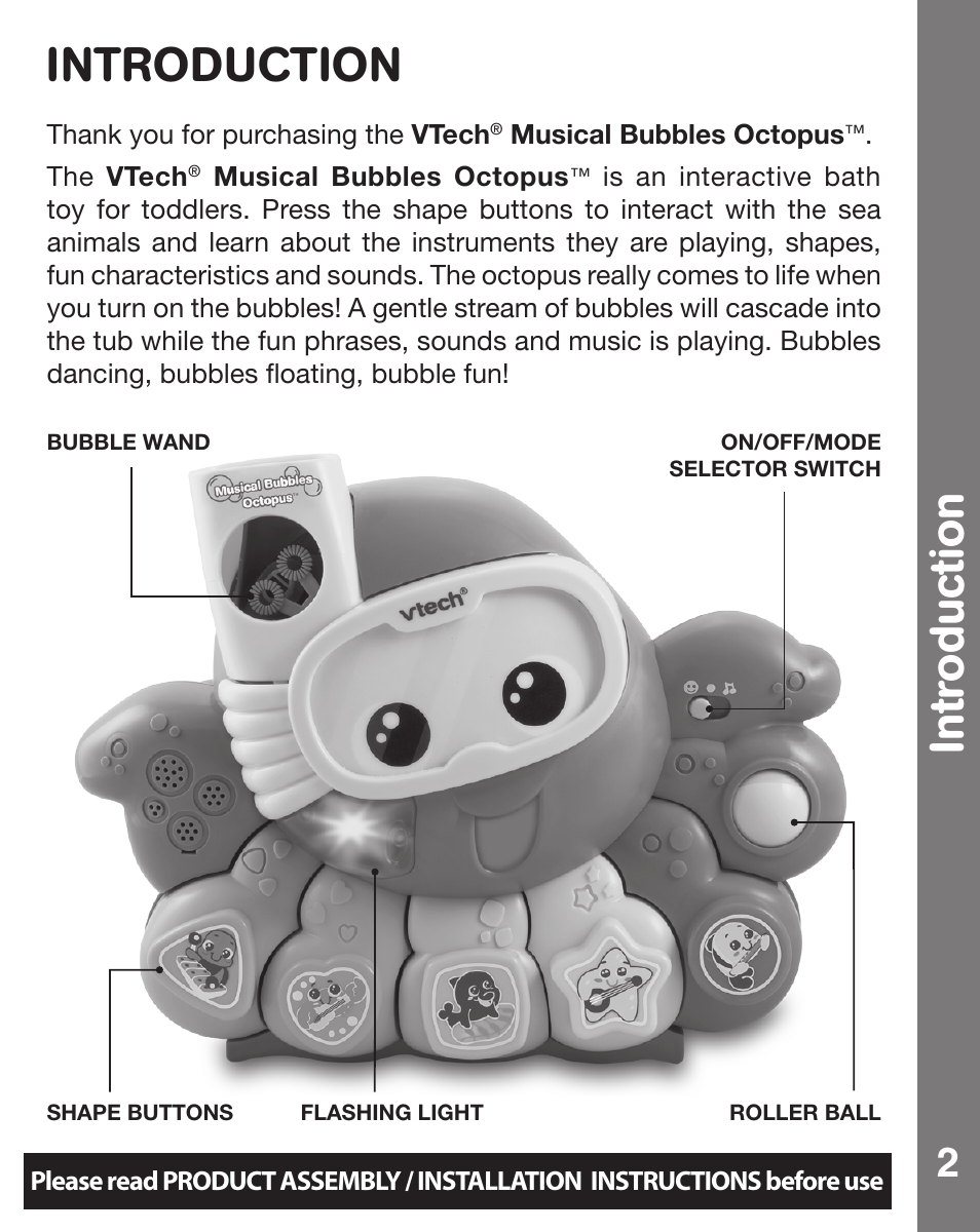 Int roduction introduction | VTech MUSICAL BUBBLES OCTOPUS 91-002470-007 User Manual | Page 3 / 13