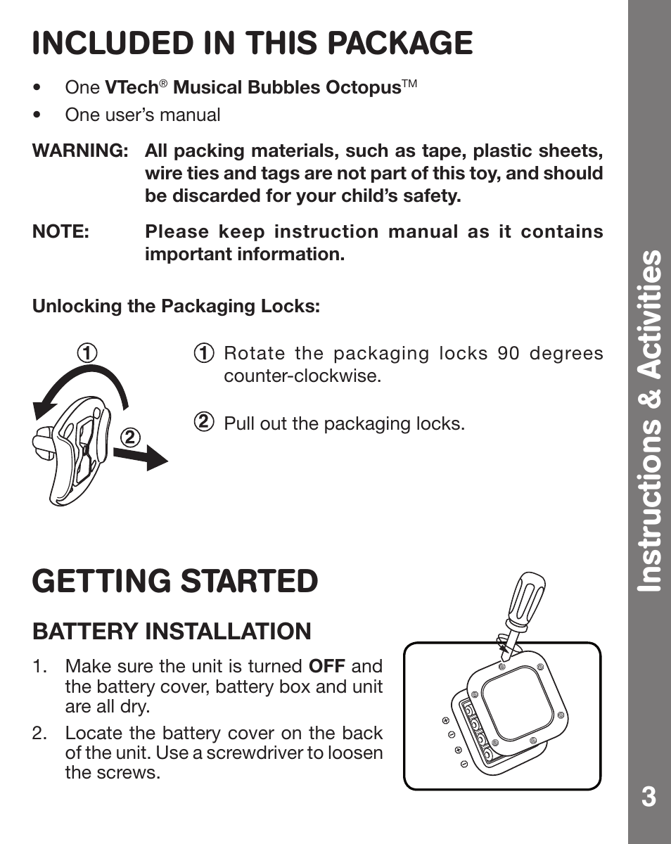 Instructions & activities included in this package, Getting started, Battery installation | VTech MUSICAL BUBBLES OCTOPUS 91-002470-007 User Manual | Page 4 / 13