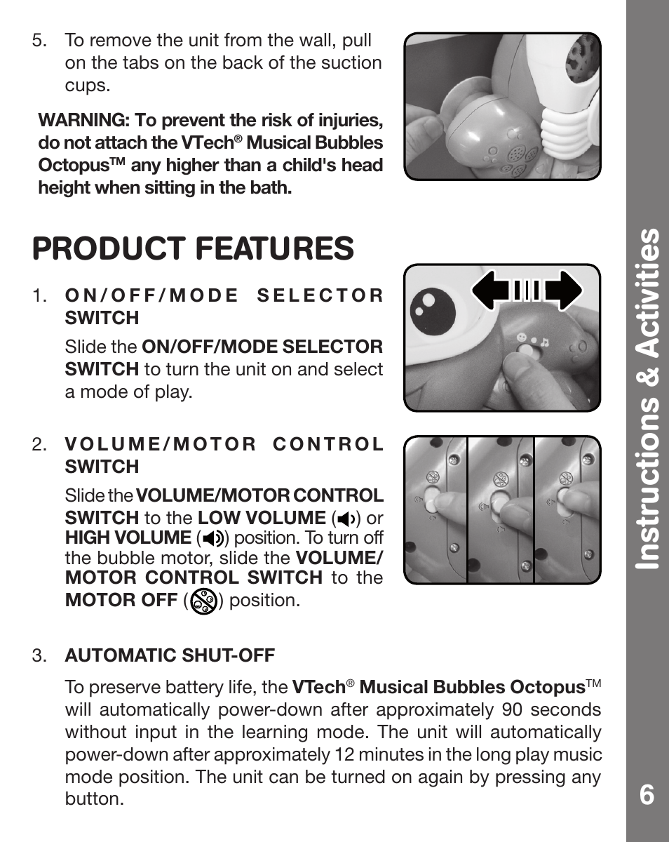 Product features, Instructions & activities | VTech MUSICAL BUBBLES OCTOPUS 91-002470-007 User Manual | Page 7 / 13